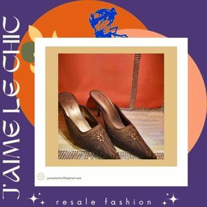 Pierre Dumas Brown with Dark Gold Design Slip-On Kitten Heels